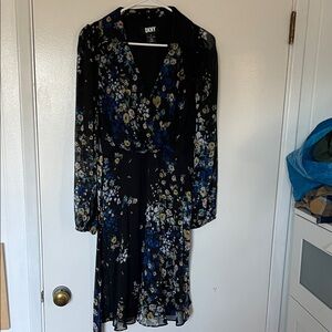 DKNY Long Sleeve Dress with Blue Floral Pattern